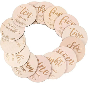 Wooden Monthly Milestone Baby Photo Prop Disc with Hello World & Stat Disc