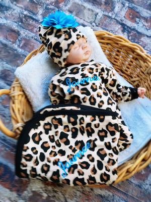 Baby Girl Coming Home Leopard Romper and Beanie Personalized Swaddling Blanket