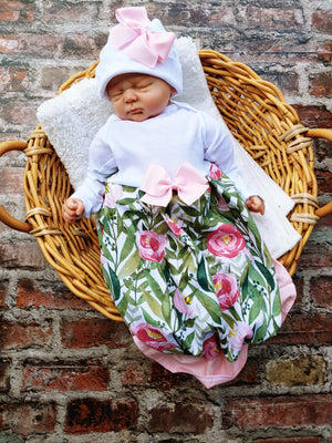 Pink and Green Floral Personalized Newborn Baby Girl Take Home Outfit