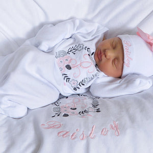 Baby Girl Coming Home Floral Wreath Layette Gown and Personalized Beanie Swaddling Blanket