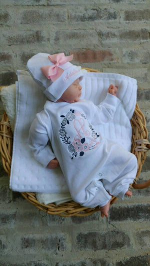 "Hello World" Newborn Baby Girl Personalized Floral Wreath Romper and Beanie