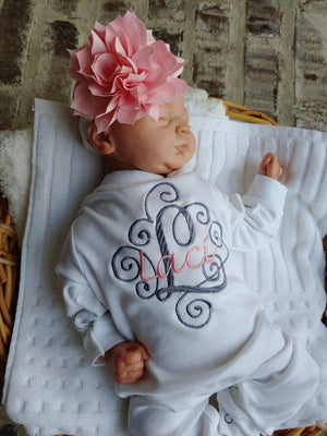 Personalized Monogrammed Baby Girl Coming Home Romper with headband