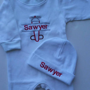 Personalized Airplane Coming Home Outfit with Bodysuit and Beanie