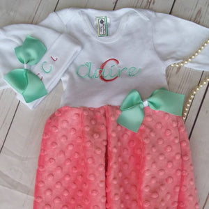 Coral and Mint Baby Girl Personalized Coming Home Outfit