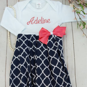 Navy and Coral Personalized Baby Girl Layette Gown
