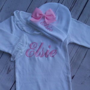 Personalized Baby Girl Layette Gown and Matching Hat